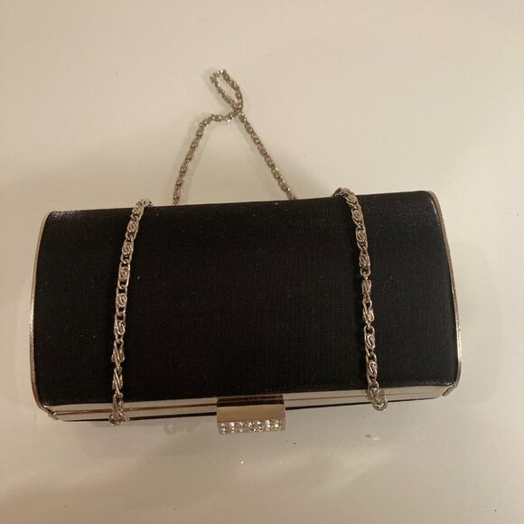 Black Satin Glitter Box Clutch Purse , Silver Diamante Crystal Clasp - Picture 7 of 12